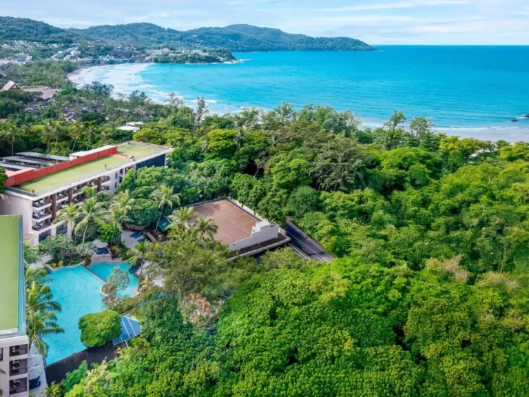 Aerial View of Coastal Area Featuring Swimming Pool and Tennis Court Near Kata Beach