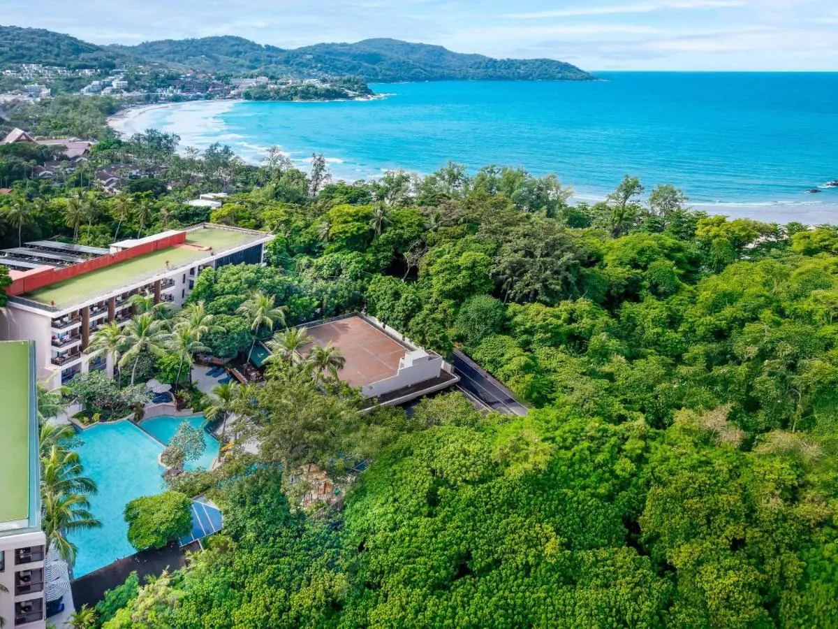 Aerial View of Coastal Area Featuring Swimming Pool and Tennis Court Near Kata Beach
