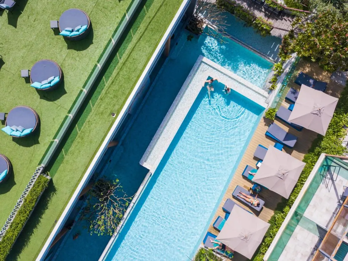 Aerial View of Outdoor Swimming Pool and Relaxation Area with Jacuzzi Seating at Patong Beach