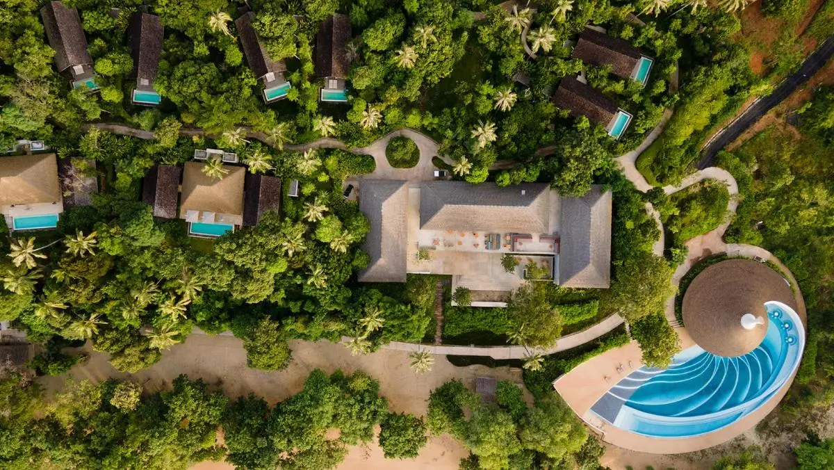 Villa Escape Burasari Aerial View of Private Pools and Communal Jacuzzi in Lush Phuket Town Complex