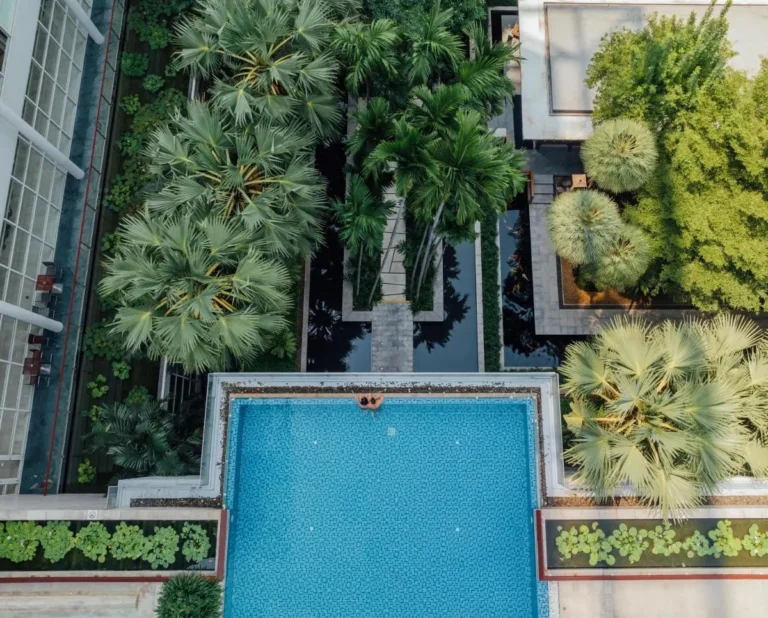 Aerial View of Rectangular Swimming Pool and Lush Garden in Ratchathewi Bangkok