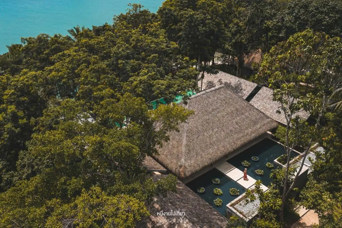 Villa Escape Burasari Aerial View of Tranquil Pool with Floating Planters Near Water in Phuket Town