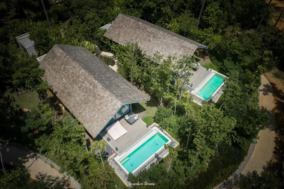 Aerial View of Two Private Pools with Wooden Decks and Lounge Areas in Phuket Town
