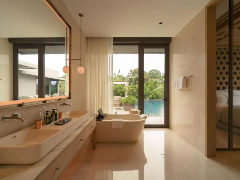 Bathroom with Double Sink and Pool View on Sentosa Island