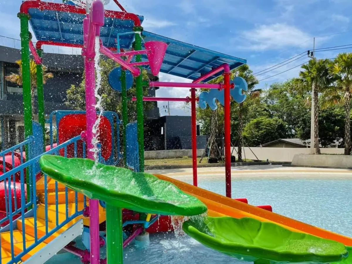 Children’s Water Play Area with Colorful Slides and Leaf Water Features at Rawai Beach