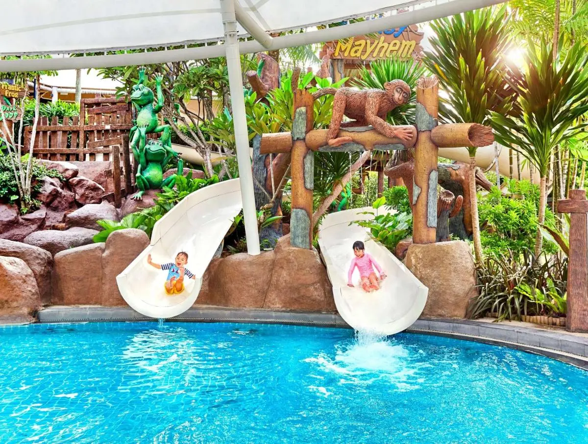 Shangri-La Rasa Sentosa Singapore Children’s Water Slides and Pool Area with Jungle Theme in Singapore