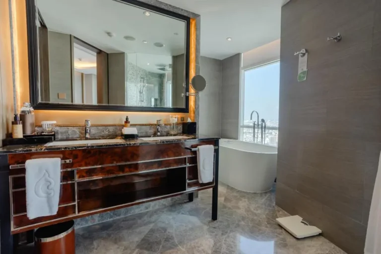Contemporary Bathroom Design with Freestanding Bathtub and Double Vanity in Pathumwan Bangkok