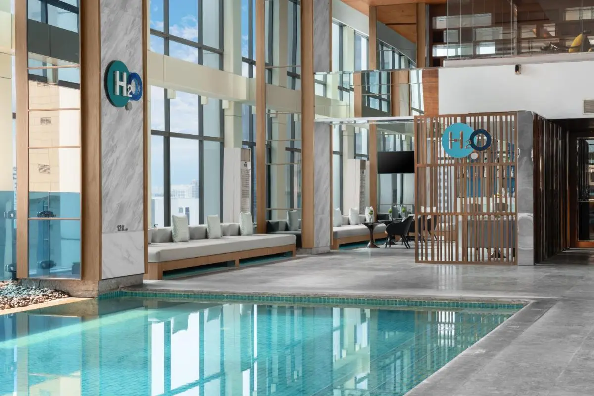 Contemporary Indoor Swimming Pool Area with Urban Views in Pathumwan Bangkok