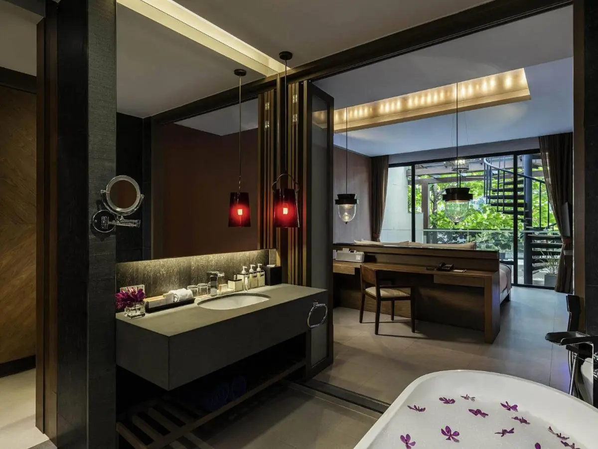 Avista Hideaway Phuket Patong - MGallery Contemporary Open-Plan Bathroom and Bedroom with Bathtub and Garden View at Patong Beach Phuket Province