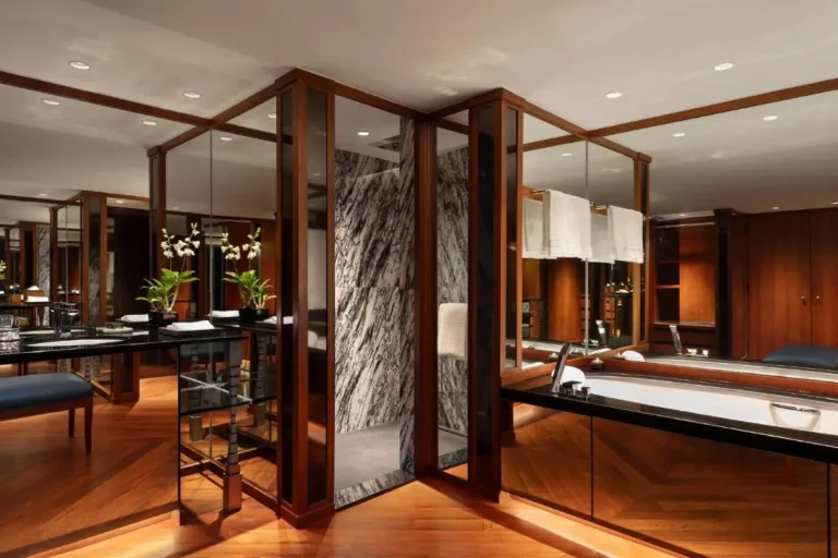 Elegant Indoor Wellness Area with Bathtub and Marble Shower in Sathorn Bangkok Elegant Indoor Wellness Area with Bathtub and Marble Shower in Sathorn Bangkok