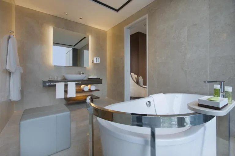 Freestanding Bathtub and Vanity Area in Marina Bay Bathroom Design