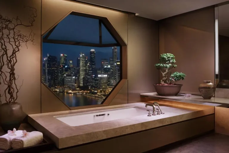 Indoor Bathtub with City Skyline View and Natural Elements in Marina Bay