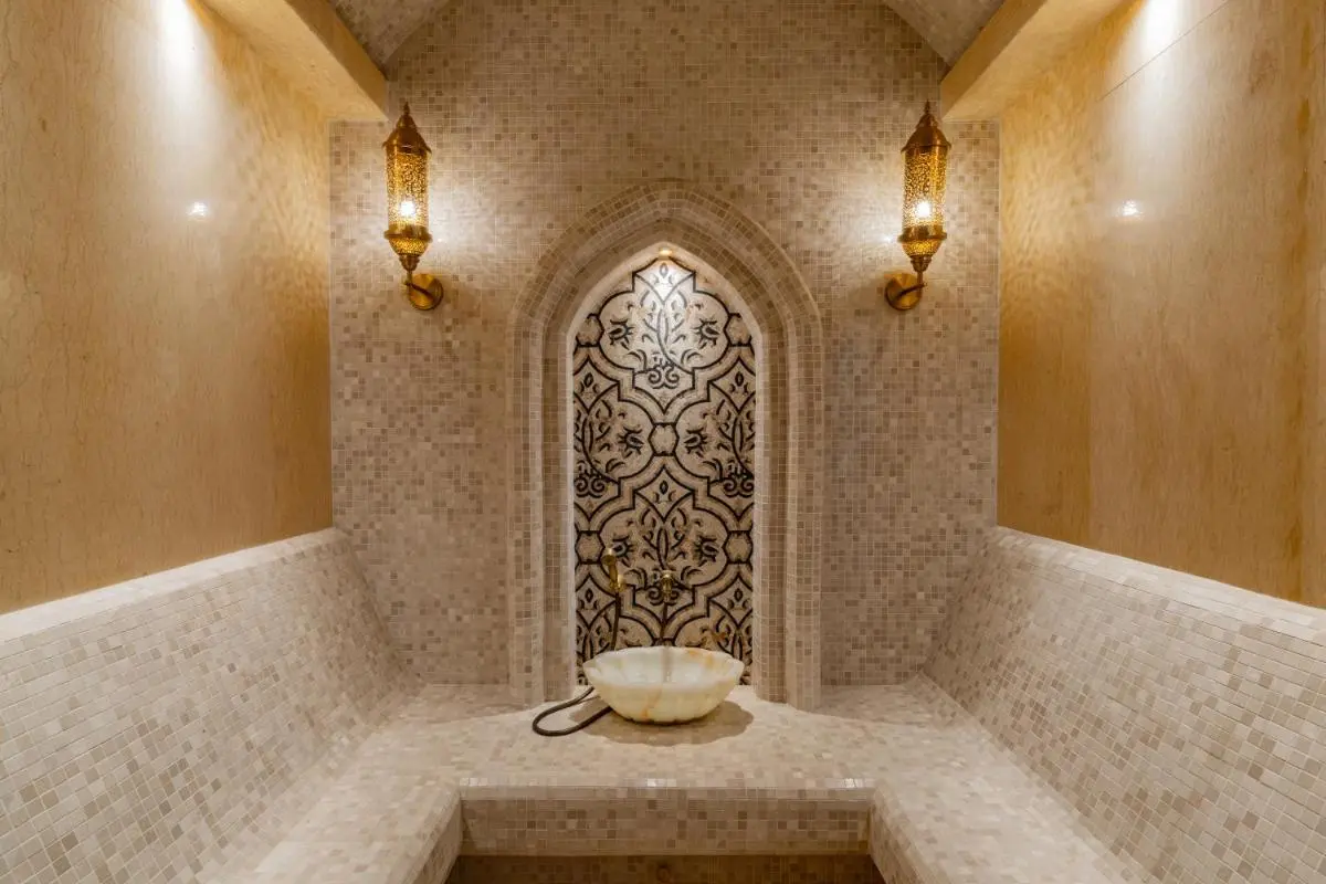 La Green Hotel and Residence Indoor Steam Room with Mosaic Tiles and Ornate Basin at Bang Tao Beach