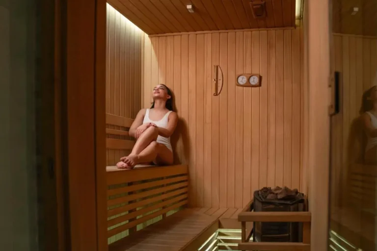 Indoor Wooden Sauna Room with Heater and Ambient Lighting in Bang Rak