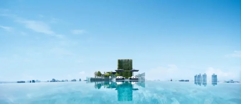 Infinity Pool and Relaxation Area with Green Wall in Wattana Bangkok Skyline View