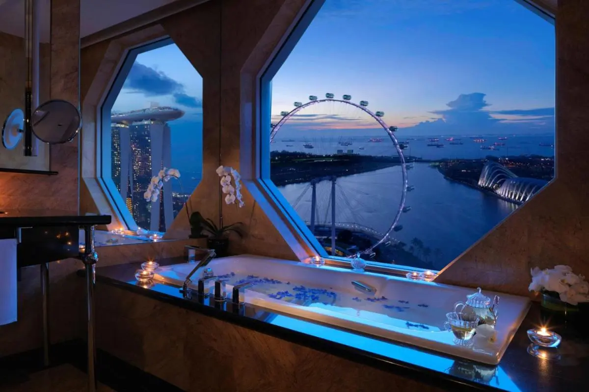 The Ritz-Carlton Millenia Singapore Jacuzzi Tub with Waterfront View and Spa Features in Marina Bay Bathroom