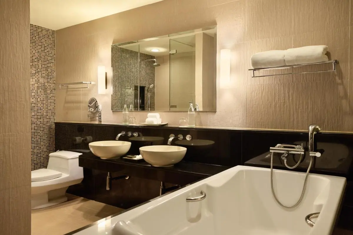 Modern Bathroom Design Featuring Bathtub, Vessel Sinks, and Rainfall Shower at Bang Tao Beach