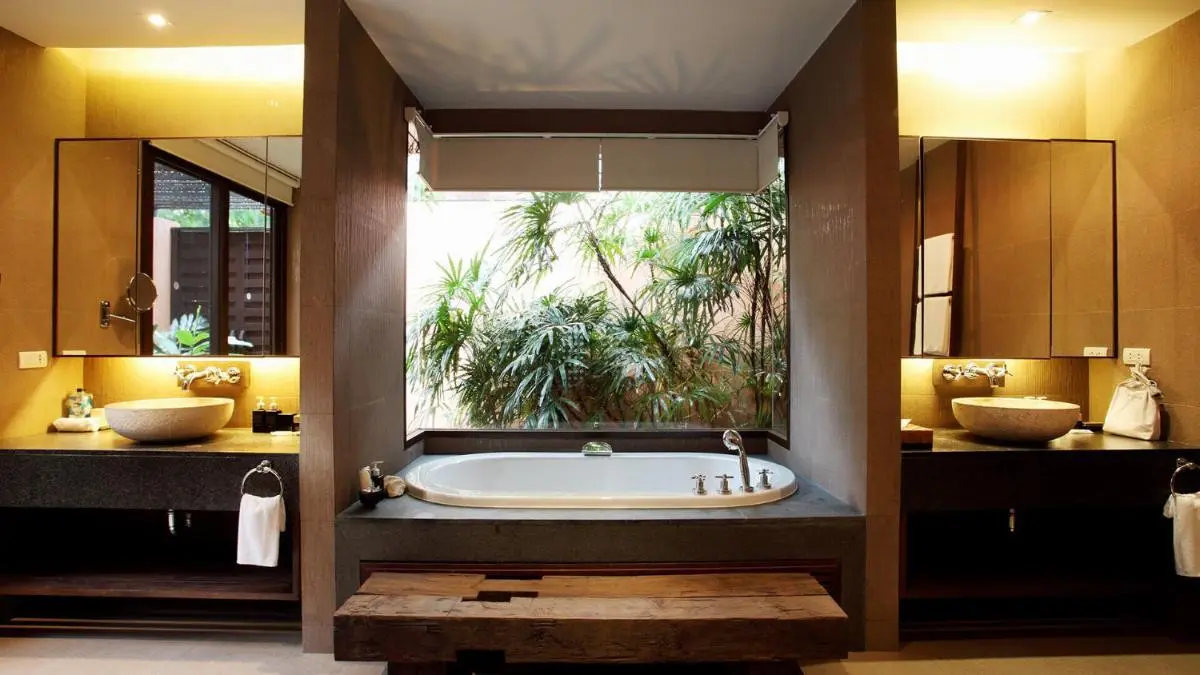 Phuket Province Modern Bathroom Design Featuring Built-In Bathtub and Dual Vanity Sinks at Panwa Beach