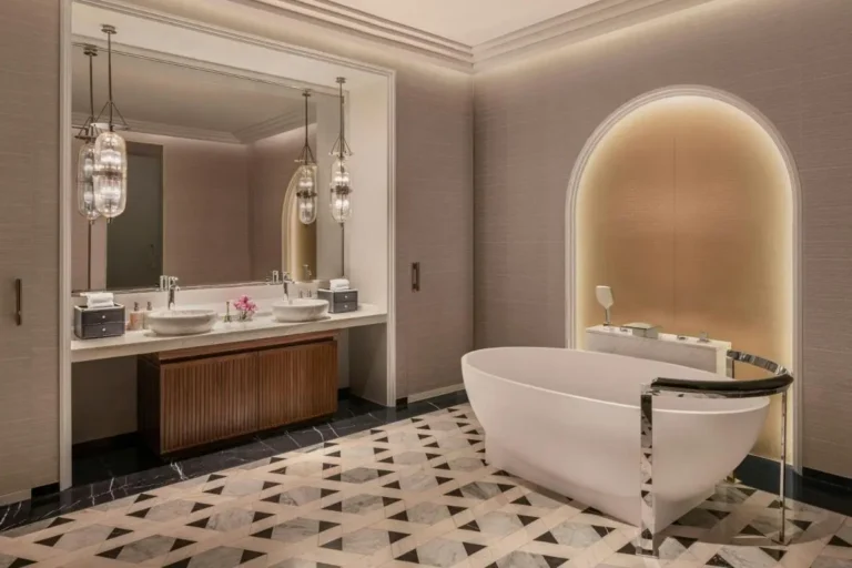 Modern Bathroom Design with Freestanding Bathtub and Double Sink Vanity in Pathumwan