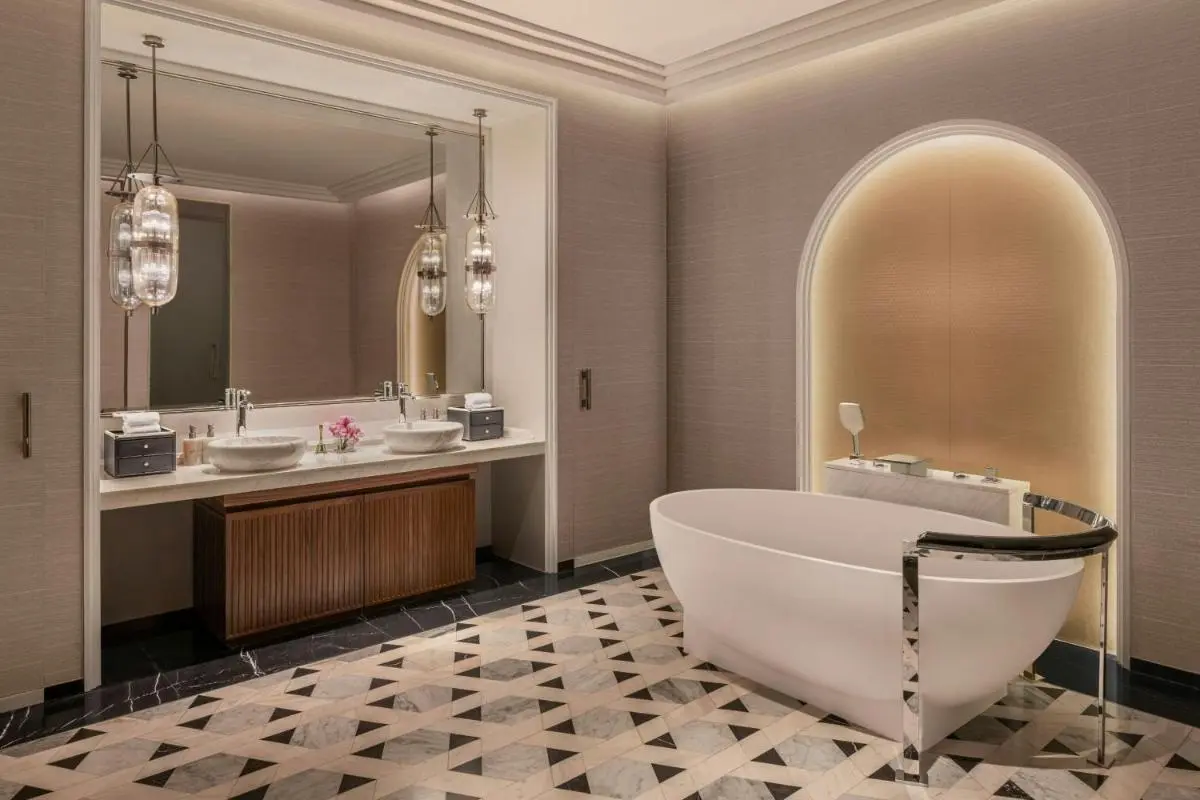 Modern Bathroom Design with Freestanding Bathtub and Double Sink Vanity in Pathumwan