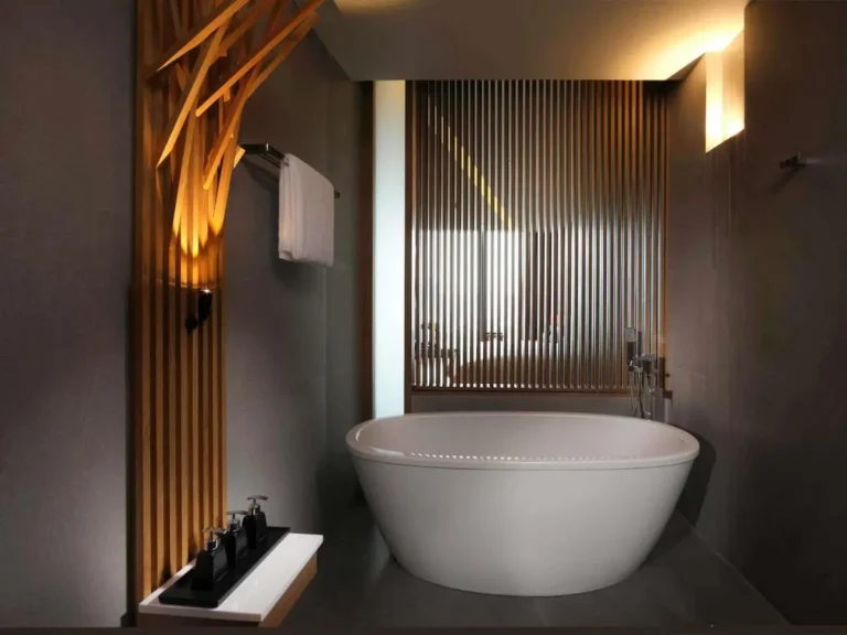 Modern Bathroom Design with Freestanding Bathtub and Wooden Accents in Bang Rak