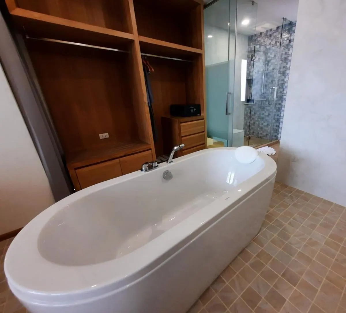Modern Bathroom Interior with Freestanding Bathtub and Glass Shower in Chang Khlan Chiang Mai