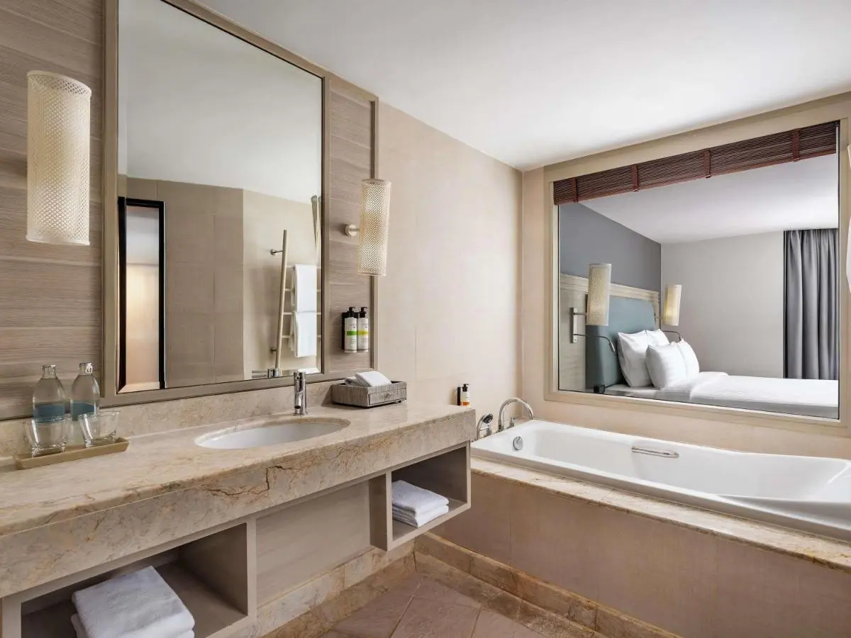 Thailand Modern Bathroom with Built-In Bathtub and Bedroom View at Panwa Beach