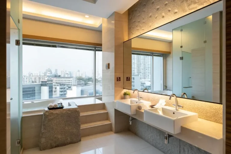 Modern Bathroom with Built-In Bathtub and City View in Wattana Bangkok