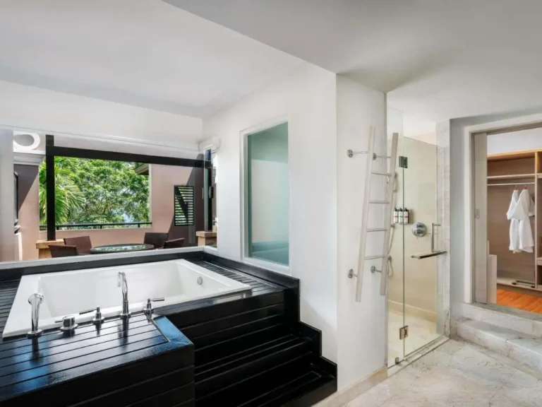 Modern Bathroom with Built-In Bathtub and Outdoor Seating at Panwa Beach
