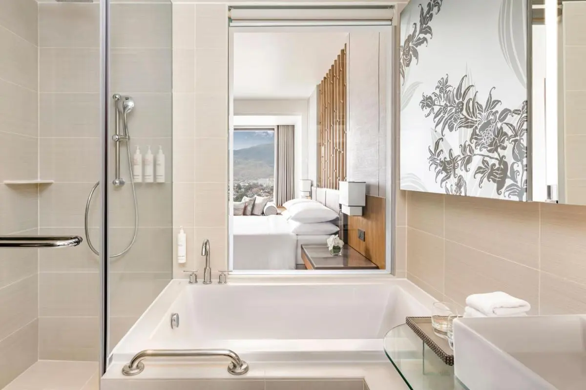 Modern Bathroom with Built-In Bathtub and Scenic Mountain Views in Chang Khlan Chiang Mai