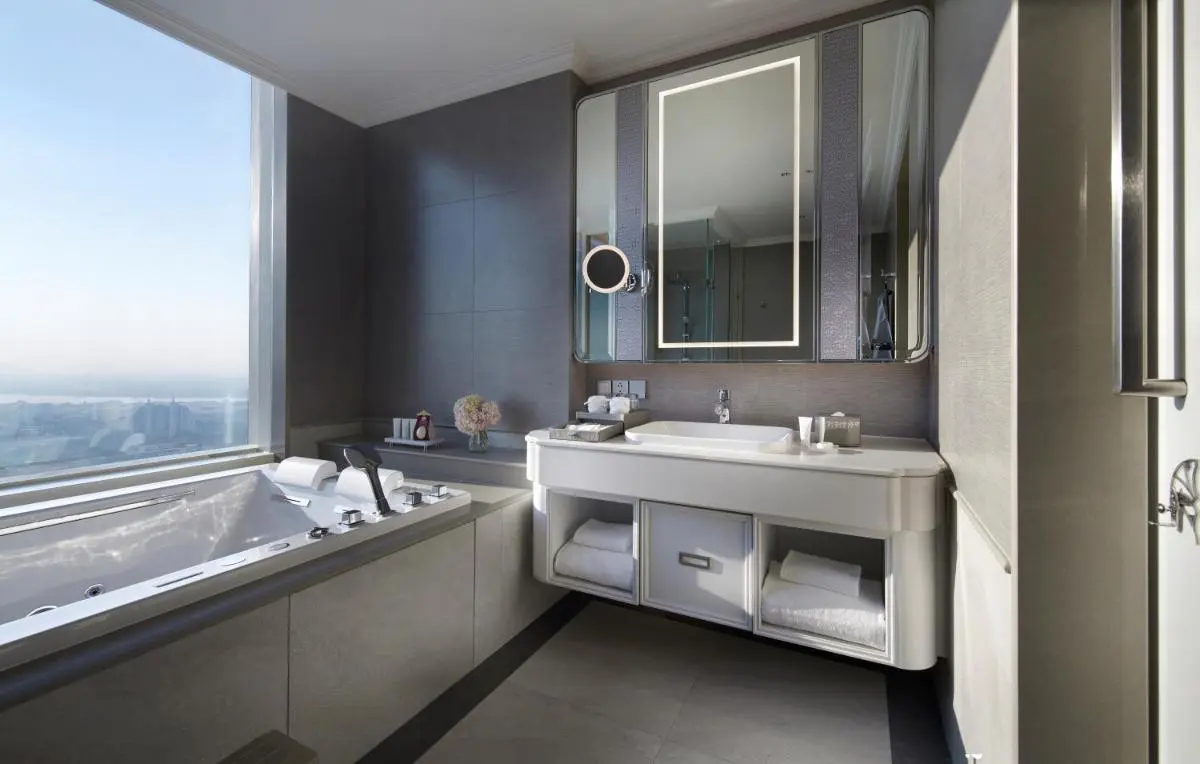 Modern Bathroom with Built-In Jacuzzi Bathtub and City View in Sathorn Bangkok