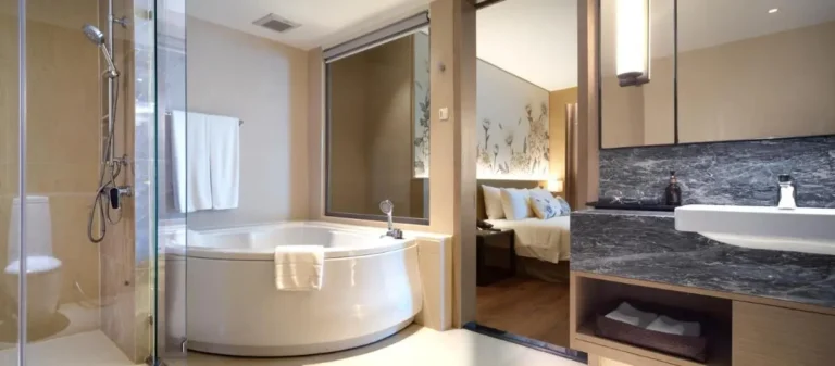 Modern Bathroom with Corner Bathtub and Glass Shower in Pathumwan Bedroom Suite