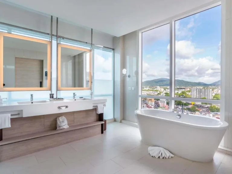 Modern Bathroom with Freestanding Bathtub and Double Vanity in Phuket Town