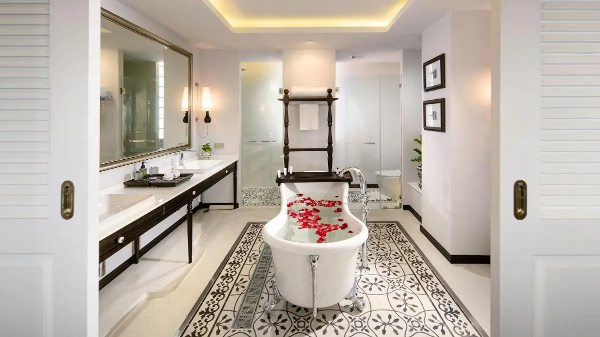 Modern Bathroom with Freestanding Clawfoot Bathtub and Dual Sinks in Phra Sing Chiang Mai
