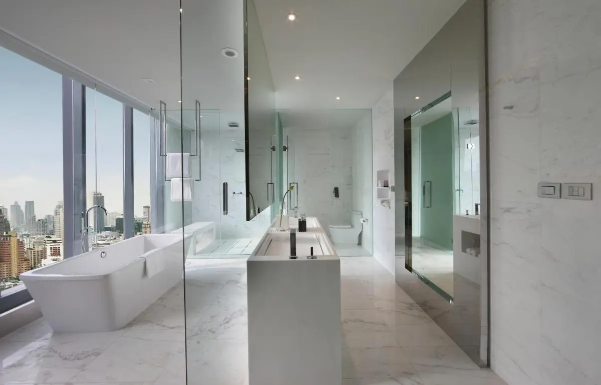 Modern Bathroom with Freestanding Tub and City Views in Bang Rak Bangkok