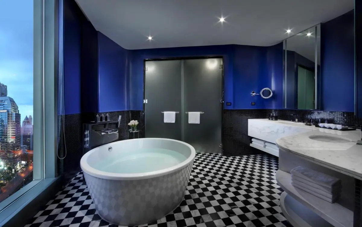 Modern Bathroom with Freestanding Tub and City Views in Bang Rak Bangkok