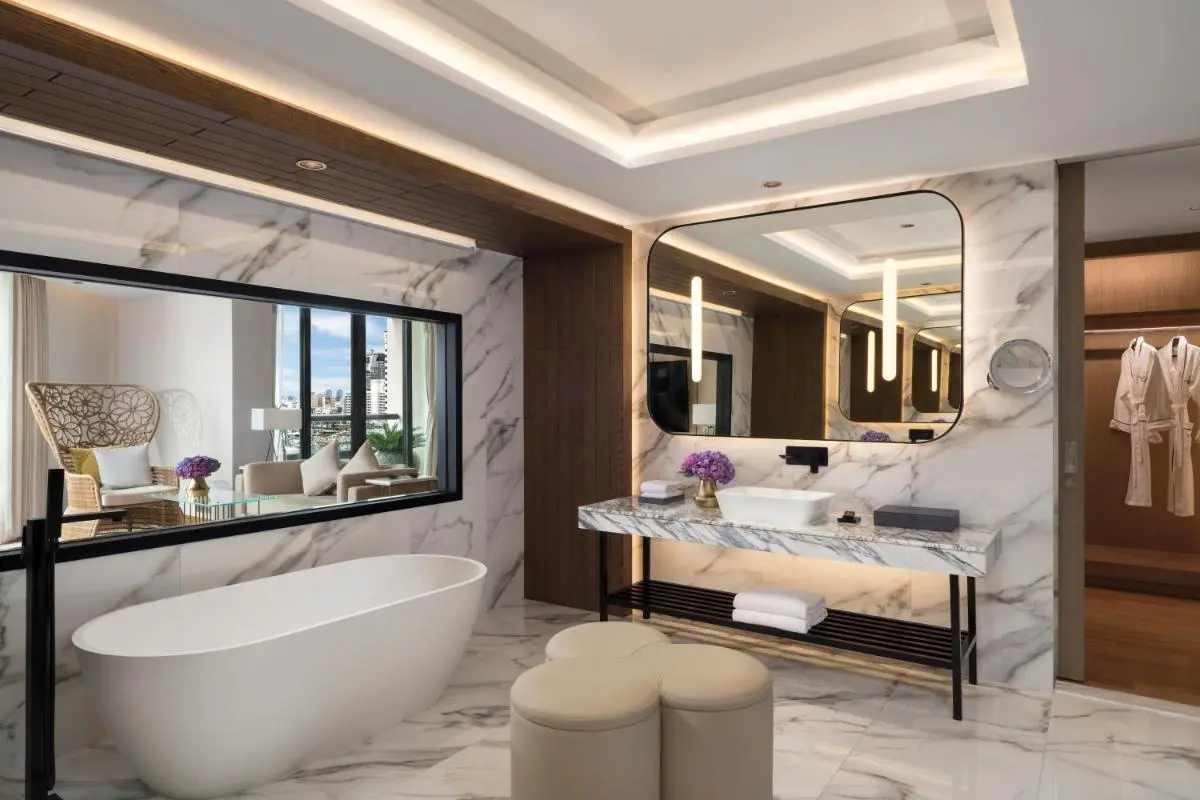 Siam Kempinski Hotel Bangkok Modern Bathroom with Freestanding Tub and Marble Design in Pathumwan Bangkok
