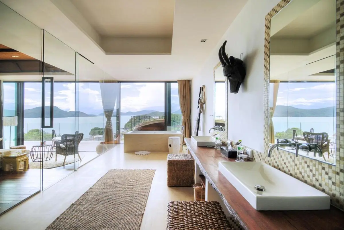 Modern Bathroom with Panoramic Water and Mountain Views at Panwa Beach