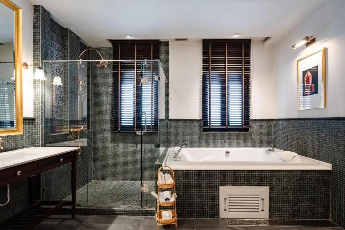Chiang Mai Province Modern Bathroom with Shower and Bathtub Featuring Dark Green Mosaic Tiles in Fa Ham Chiang Mai