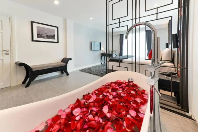 Modern Bedroom and Bathroom Interior with Freestanding Bathtub in Phra Nakhon