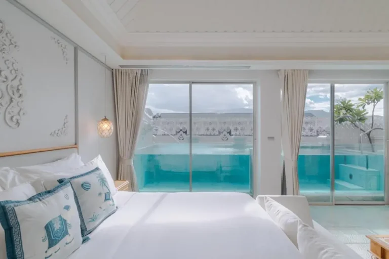 Modern Bedroom with Indoor-Outdoor Pool Featuring Transparent Wall in Phra Sing Chiang Mai