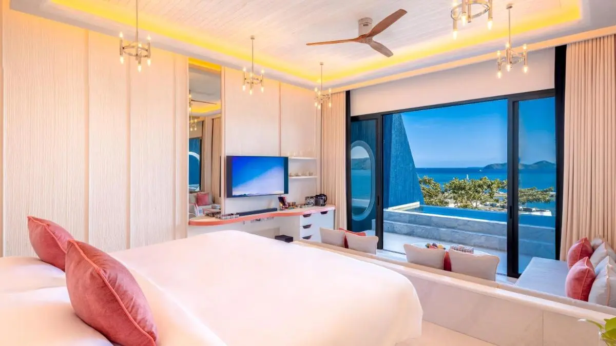 Sri Panwa Phuket Luxury Pool Villa Hotel Modern Bedroom with Ocean View Balcony and Contemporary Interior Design at Panwa Beach
