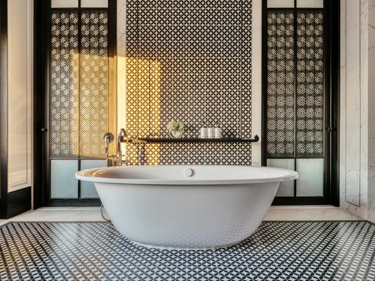 Modern Black and White Bathroom with Freestanding Oval Bathtub in Chang Khlan Chiang Mai