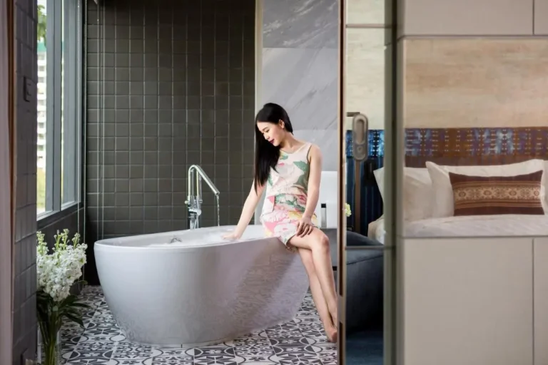 Modern Indoor Bathroom with Freestanding Tub and Patterned Tiles in Chiang Mai