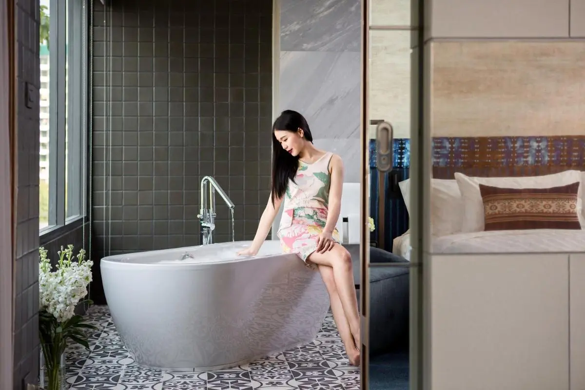 Modern Indoor Bathroom with Freestanding Tub and Patterned Tiles in Chiang Mai