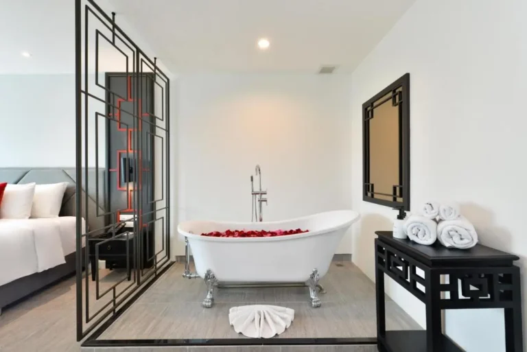 Modern Indoor Clawfoot Bathtub and Spa Area with Geometric Design in Phra Nakhon