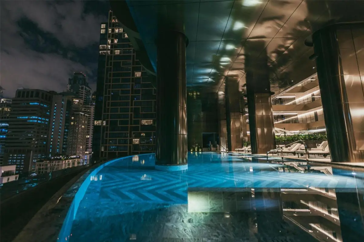 Sindhorn Kempinski Hotel Bangkok Modern Indoor Swimming Pool with Curved Edge and City Views in Pathumwan Bangkok Thailand