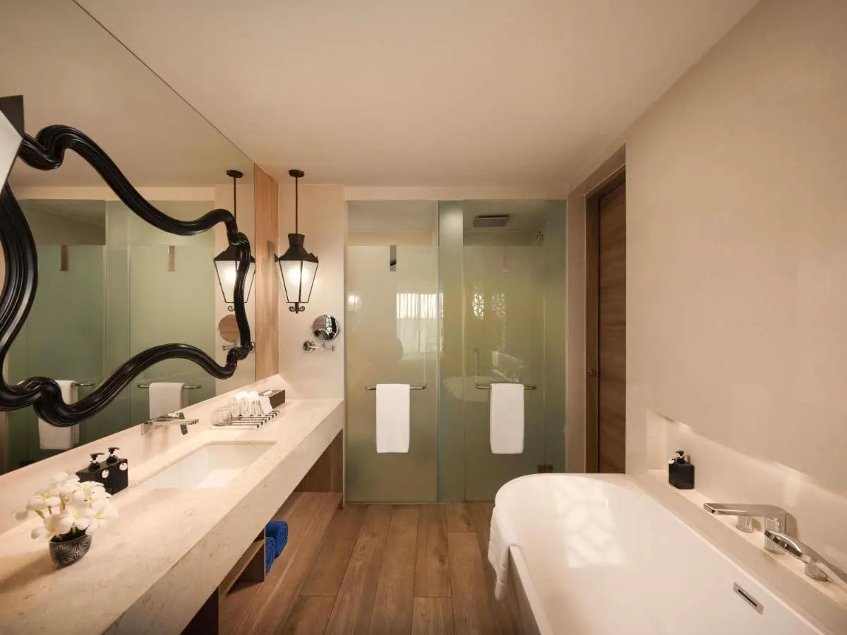 Phuket Province Modern Minimalist Bathroom with Freestanding Bathtub and Frosted Glass Shower Doors at Karon Beach
