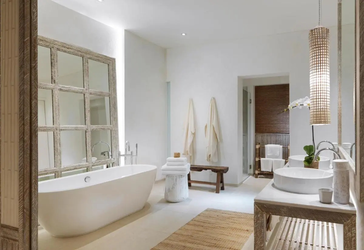 Modern Minimalist Bathroom with Freestanding Tub and Double Vanity in Chiang Mai