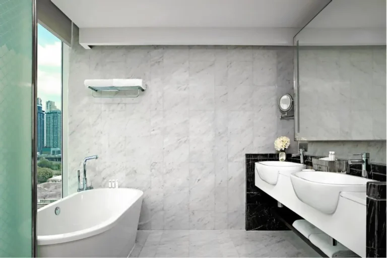 Modern Minimalist Bathroom with Freestanding Tub and Double Vanity in Huai Khwang